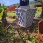 White Concrete Pot with Textured Diamond Pattern