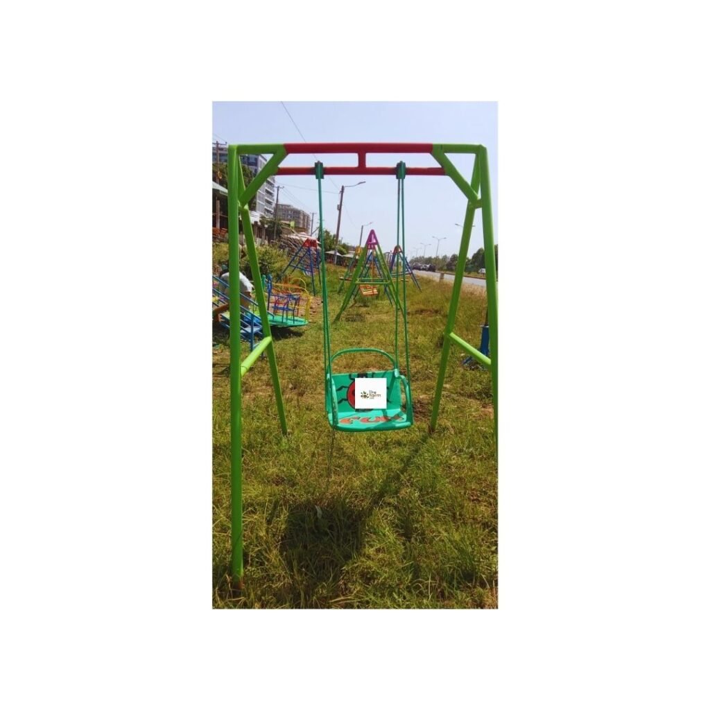 Colorful Kids Swing 1-Seater with a sturdy frame and a fun ladybug design, set in an outdoor play area.