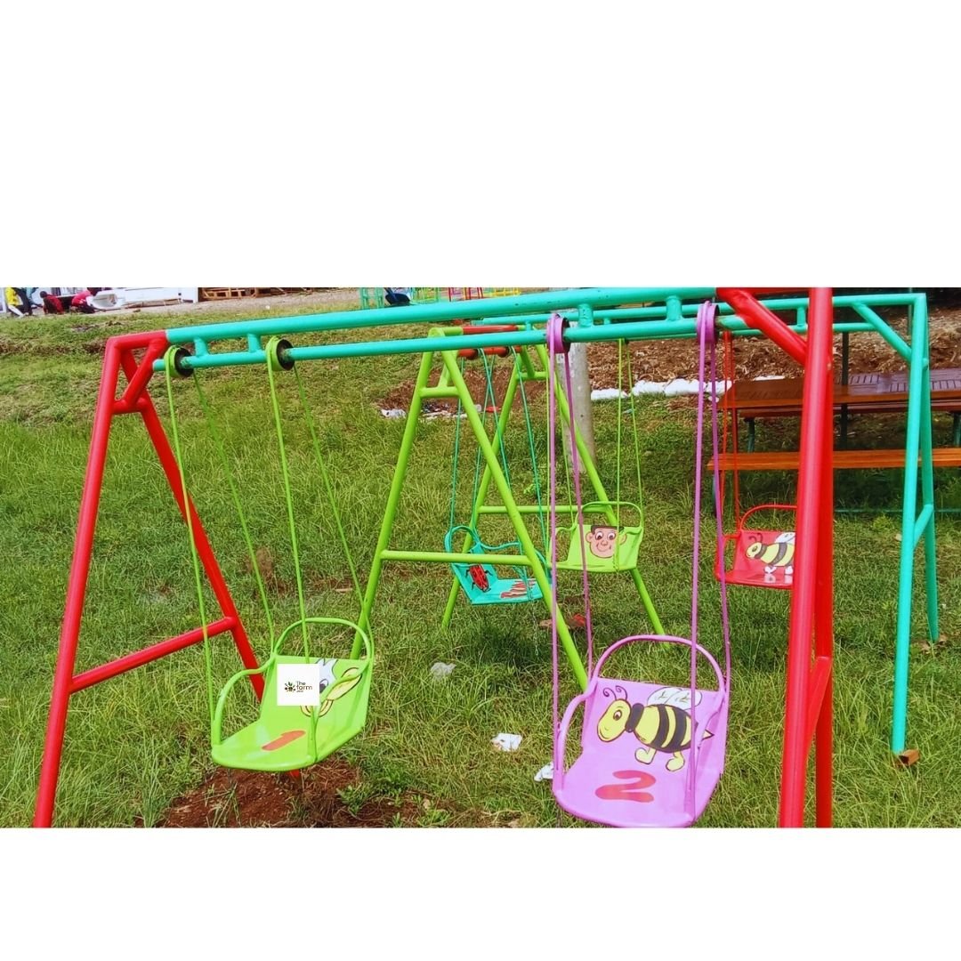 Kids Swing 2-Seater featuring colorful animal-themed seats, a strong steel frame, and vibrant colors set in an outdoor play area.