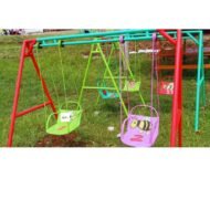 Kids Swing 2-Seater featuring colorful animal-themed seats, a strong steel frame, and vibrant colors set in an outdoor play area.