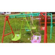 Kids Swing 2-Seater featuring colorful animal-themed seats, a strong steel frame, and vibrant colors set in an outdoor play area.