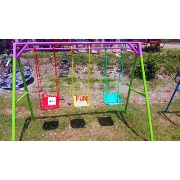 Kids Swing 3-Seater with colorful red, yellow, and blue seats and a sturdy steel frame, set in an outdoor play area.