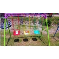 Kids Swing 3-Seater with colorful red, yellow, and blue seats and a sturdy steel frame, set in an outdoor play area.