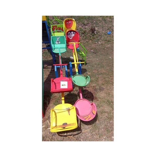 Seesaw 4-Seater with colorful seats and a sturdy frame, designed for outdoor group play in a playground.