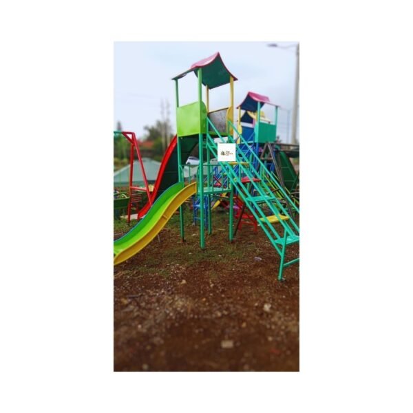Double Slide with a tall slide for big kids and a shorter slide for small children, featuring bright colors and a sturdy design in an outdoor play area.