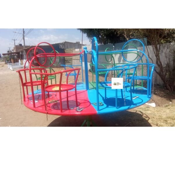 Merry-Go-Round 6-Seater featuring colorful red, blue, and green seats with sturdy handles and a smooth spinning mechanism, set in a playground.